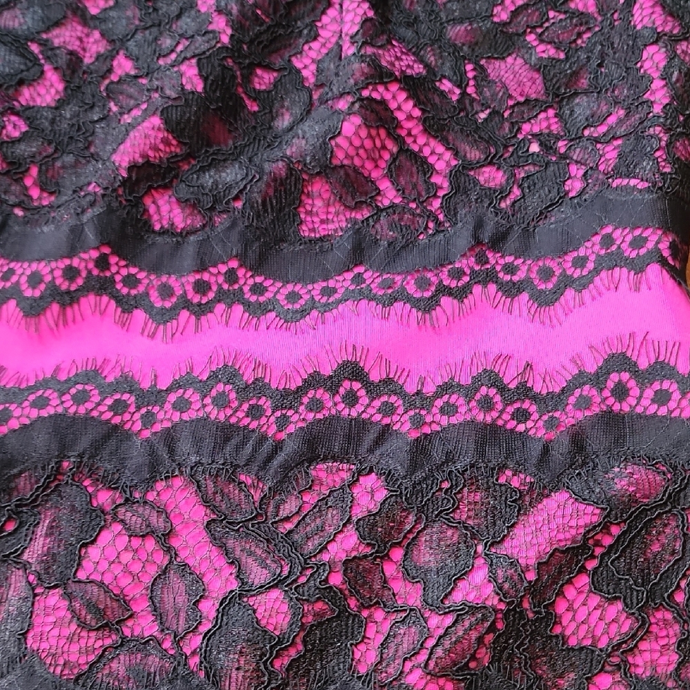 TADASHI SHOJI | Pink Black Lace Scuba Bodycon Whimsigoth Party Midi Dress | 6 - Picture 8 of 11